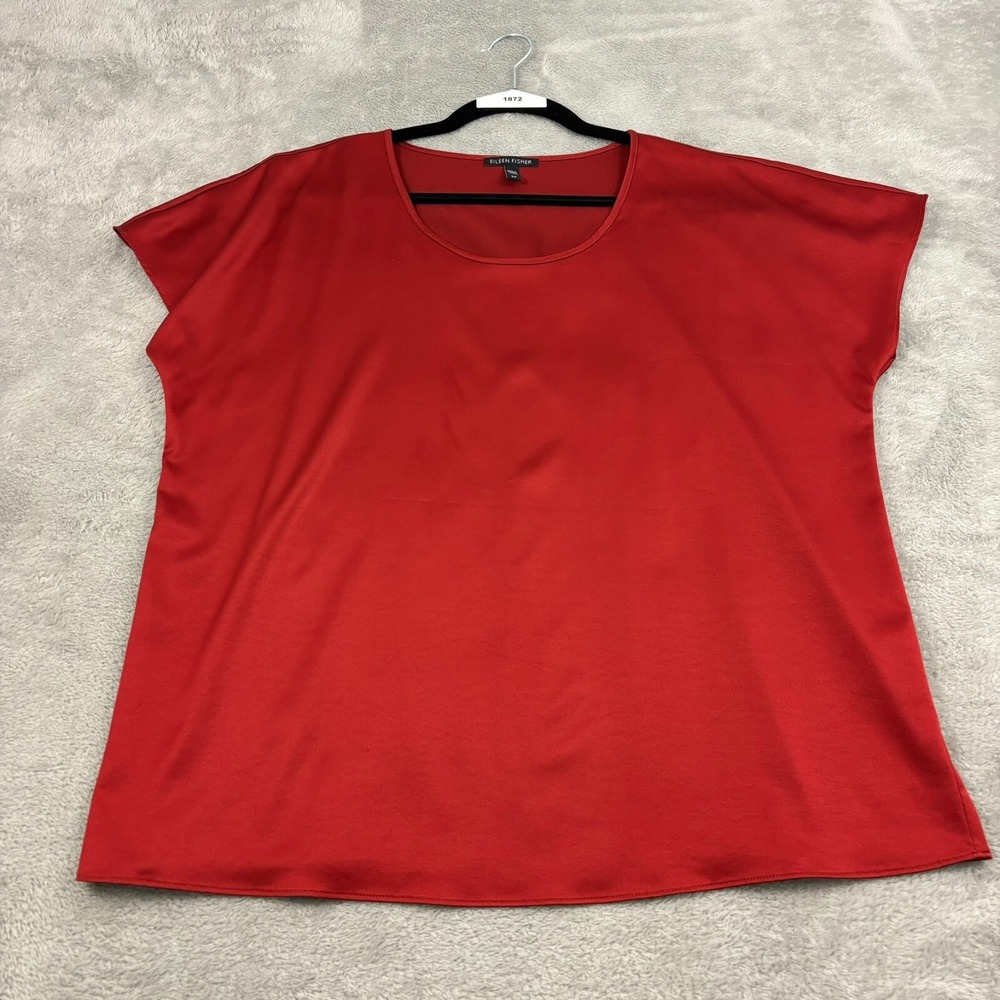 Eileen Fisher Top Womens S Red Orange Satin Cap‎ Sleeve Round Neck Office Casual
